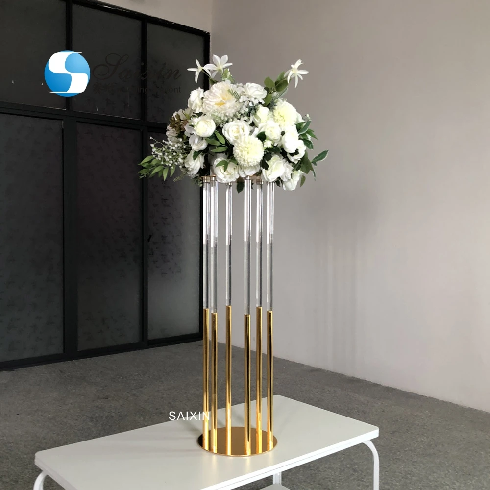 ZT-561 New 6 pole gold with clear crystal flower stand for wedding decor