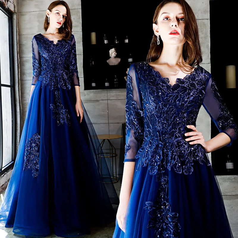 S0499R New blue long sleeve high quality sequins elegant high class noble classy engagement evening dress