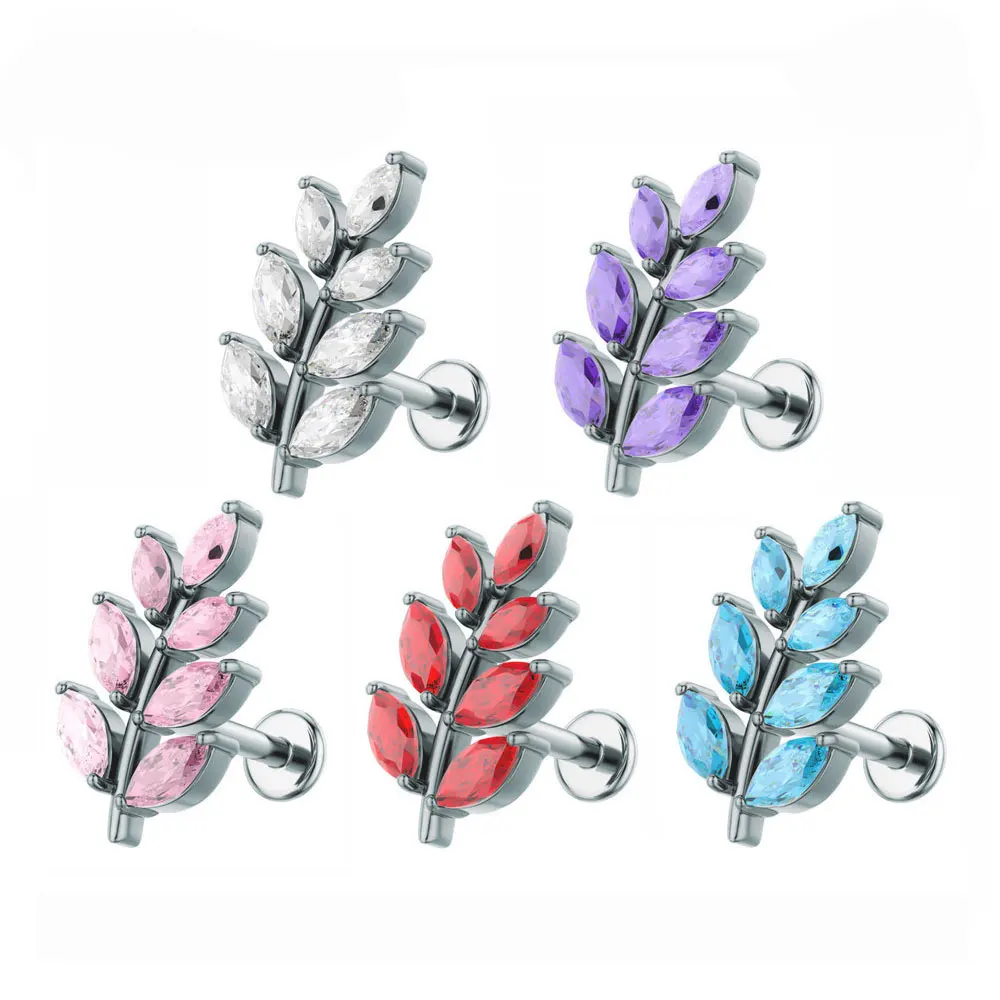 Top Elf ASTM F136 Titanium 16G Marquise CZ Leaf Shaped Cartilage Helix Conch Lobe Ear Piercing Flat Back Earring
