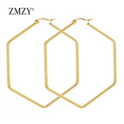 ZMZY Fashion Simple Big Drop Statement Stainless Steel Hexagonal Geometry Female Gold Hoop Earrings for Women Jewelry