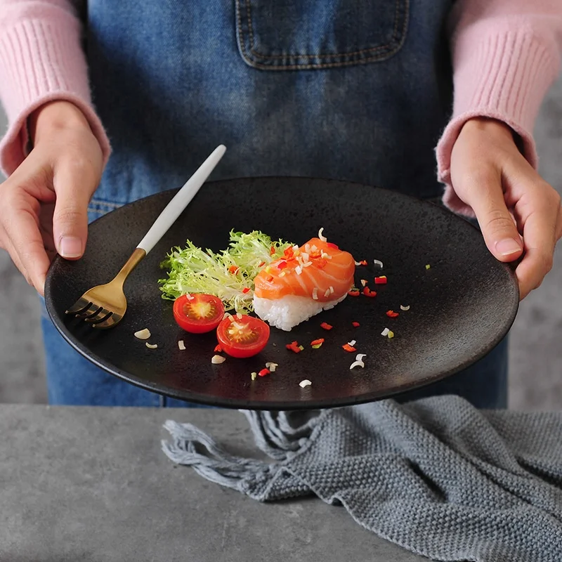 Ceramic Black Dinner Steak Plate Japanese Restaurant Fried Rice Plate Household Dinnerware Plates Set