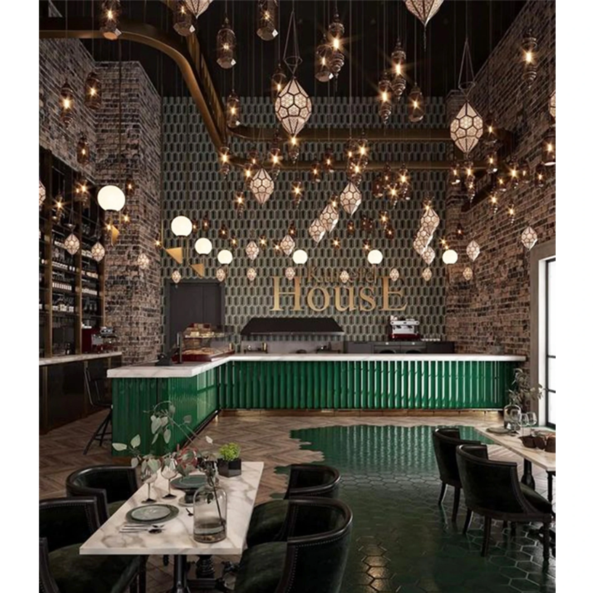 800mm 600mm Glossy Dark Green Bar Tile 31' Fluted Artistic Porcelain Tile Pub Counter Entertainment Venue Coffee Shop Mosaic
