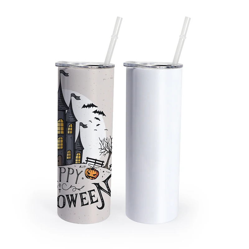 US Warehouse RTS 20oz sublimation white skinny Double Walled Stainless Steel Insulated flat edge Tumbler with straw