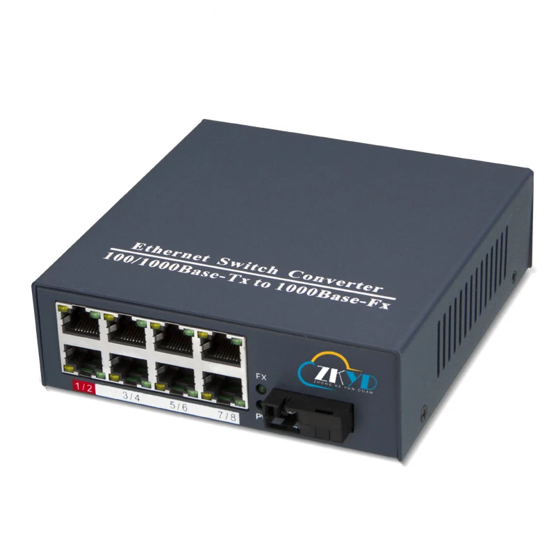 10/100/1000 м Одномодовый SC тип 1 оптический порт + 8 RJ45 Gigabit Ethernet волоконно-оптический преобразователь