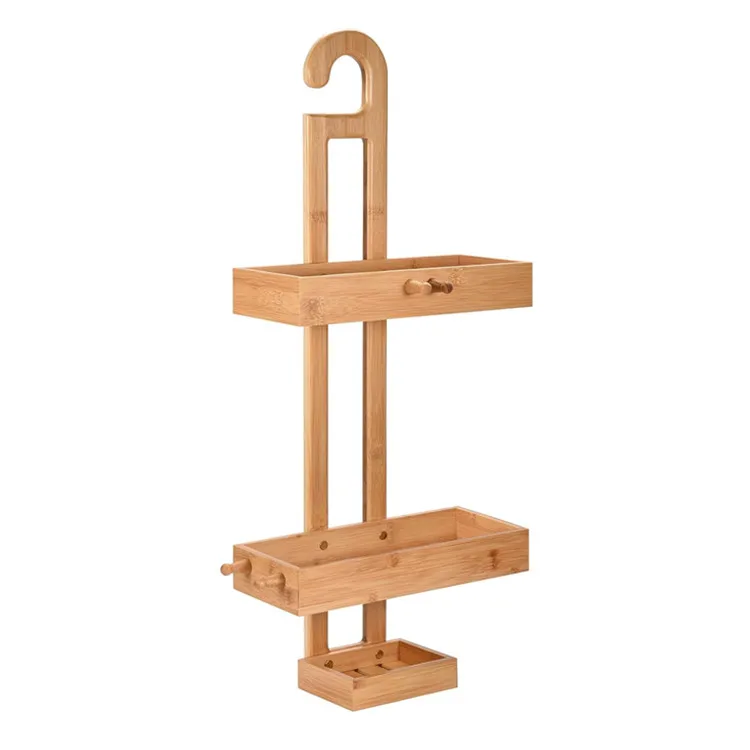 Оптовая продажа стильный двухуровневый угловой Органайзер над дверью бамбуковый стеллаж для хранения душа настенные полки ванной комнаты с подвесным