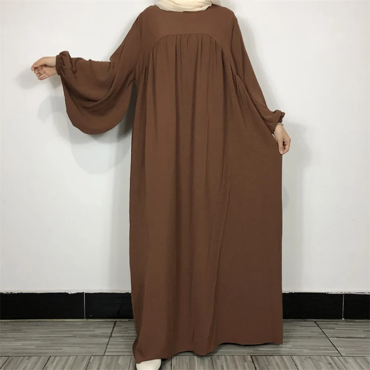 Women Muslim Maxi Abaya Dress Crepe Loose Kaftan Balloon Sleeves Solid Color Dubai Turkey Islam Clothes Caftan Robe Modest Gown