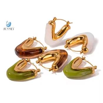 SUMMLY 18K PVD Gold Plated V Shape Chunky Statement Earring Design Colorful Acrylic Hoop Earring Stainless Steel
