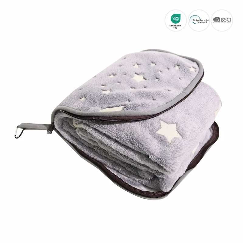 Travel Blanket and Pillow, 2 in 1 Airplane Blanket with Soft Bag Pillowcase, Hand Luggage Sleeve and Backpack Clip