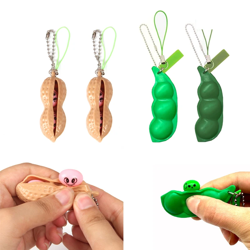 TPR Squeeze Toys Novelty Interest Anti Stress Reliever Child Squeeze Beans Peas Nuts Peanut Keychains Squeeze Toys For Girls