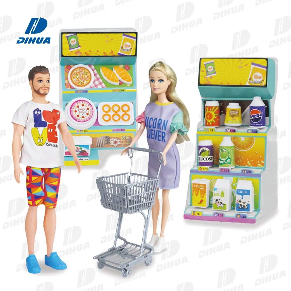 11 Inch Supermarket Shopping Dolls for Kids Cartoon Toy Couple Doll Theme Set Wholesale With Accessories