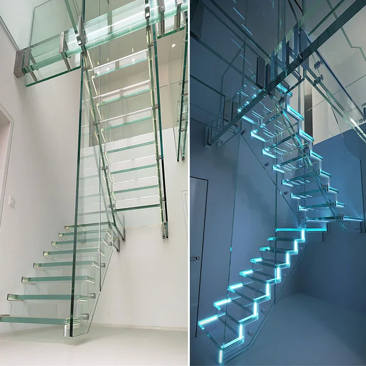 Modern crystal toughened glass and stainless steel led light stairs cases balustrade handrail railing with tread set cost