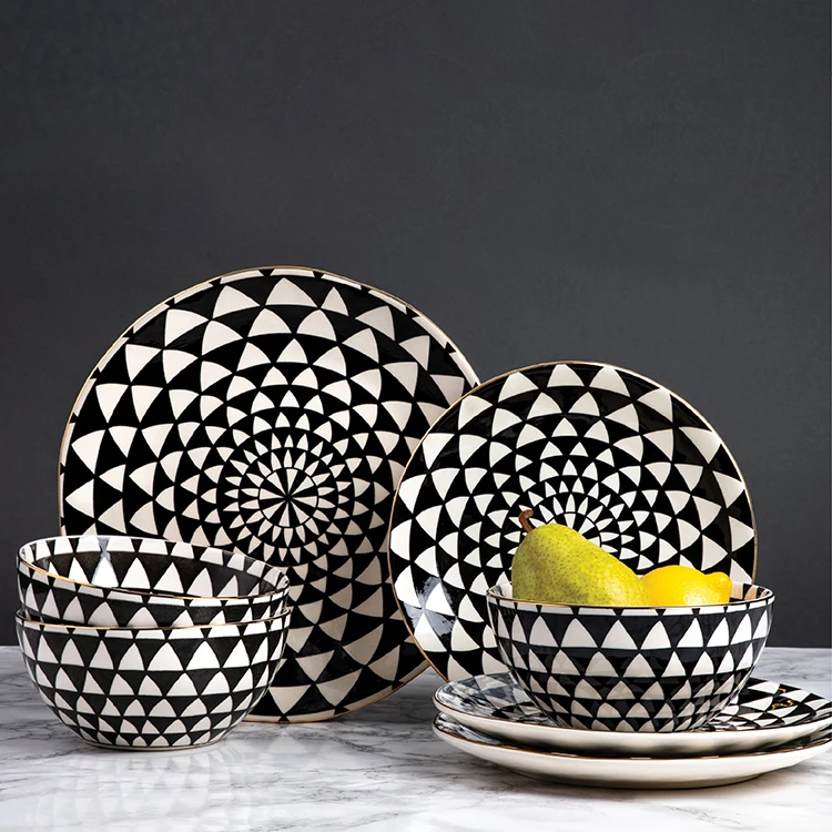 
 Wholesale restaurant used white and black pattern geometric gold rim charger plate full modern nordic ceramic dinner set  