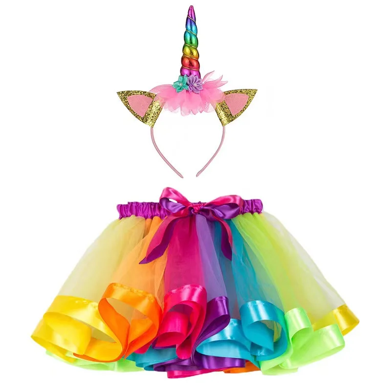 Fancy Rainbow Ballet Tutu Skirt Sets Tutu Skirt With Headbands Costume Christmas Rainbow Tulle Tutu Skirt For Girls