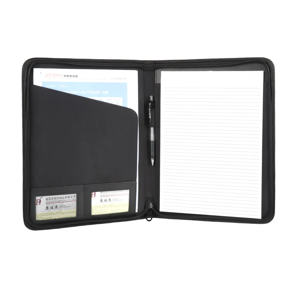 Wholesale Zippered Padfolio Folder With Stainless Steel Logo A4 Conference Organizer With Notepad PU Leather Portfolio Folder