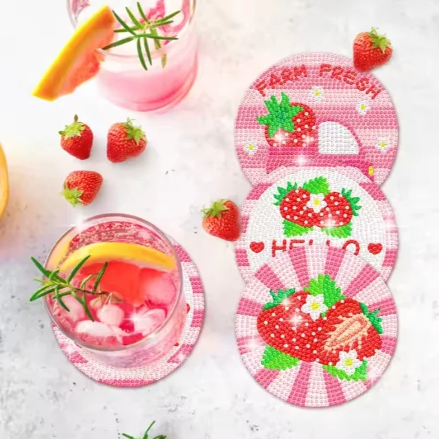 Strawberry Fruit Party DIY Diamond Round 8 Piece Acrylic Art Painting Coaster Set with Fruit Party Supplies Stand