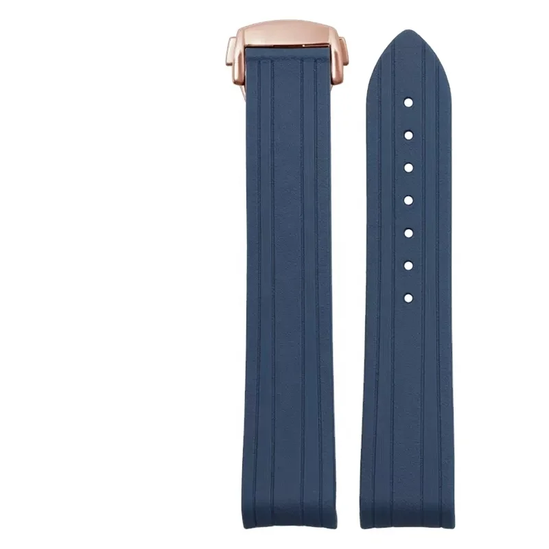 High quality soft navy blue curved end folding butterfly clasp 20mm rubber silicone watch band for omega watch strap