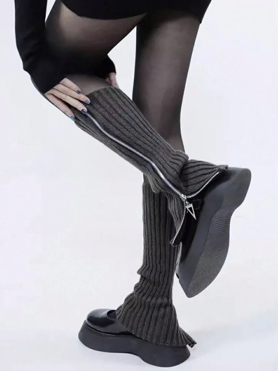 Korean Style Winter Thigh High Socks With Zippers Knitted Leg Warmers For Women