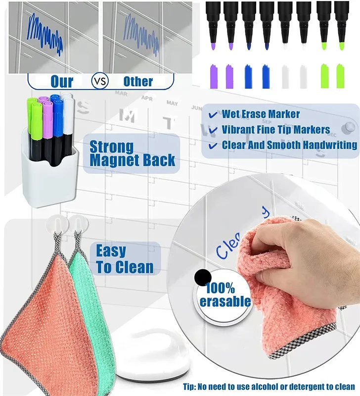 Customized Reusable Monthly Weekly Daily Planner Magnetic Dry Erase Board Acrylic Calendar Board Acrylic Fridge Memo Board