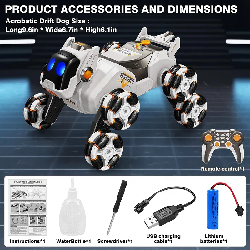 Advanced 8 Wheel RC Dog Car Radio Control Stunt Vehicle with Futuristic Design Multi-Channel Remote and Tail Light Spray