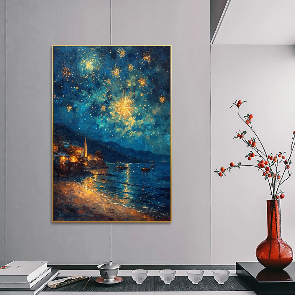 Guanjun 40*60cm Impressionism Night Sky Landscape Oil Painting On Canvas Framed Wall Picture