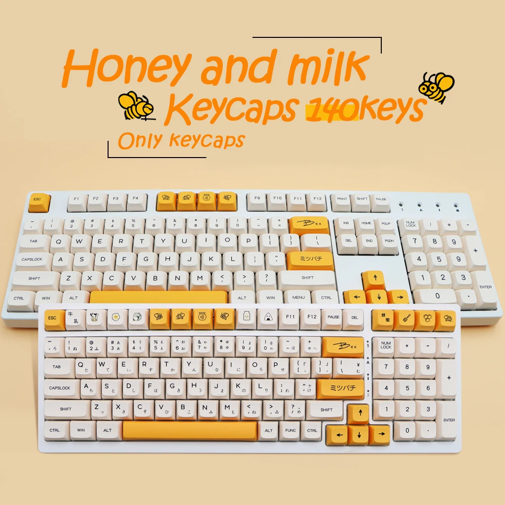 PBT Keycaps 140 Keys Honey and Milk Cute Keycaps DYE-SUB XDA Profile Keycaps for Cherry Gateron MX Switches Mechanical Keyboards