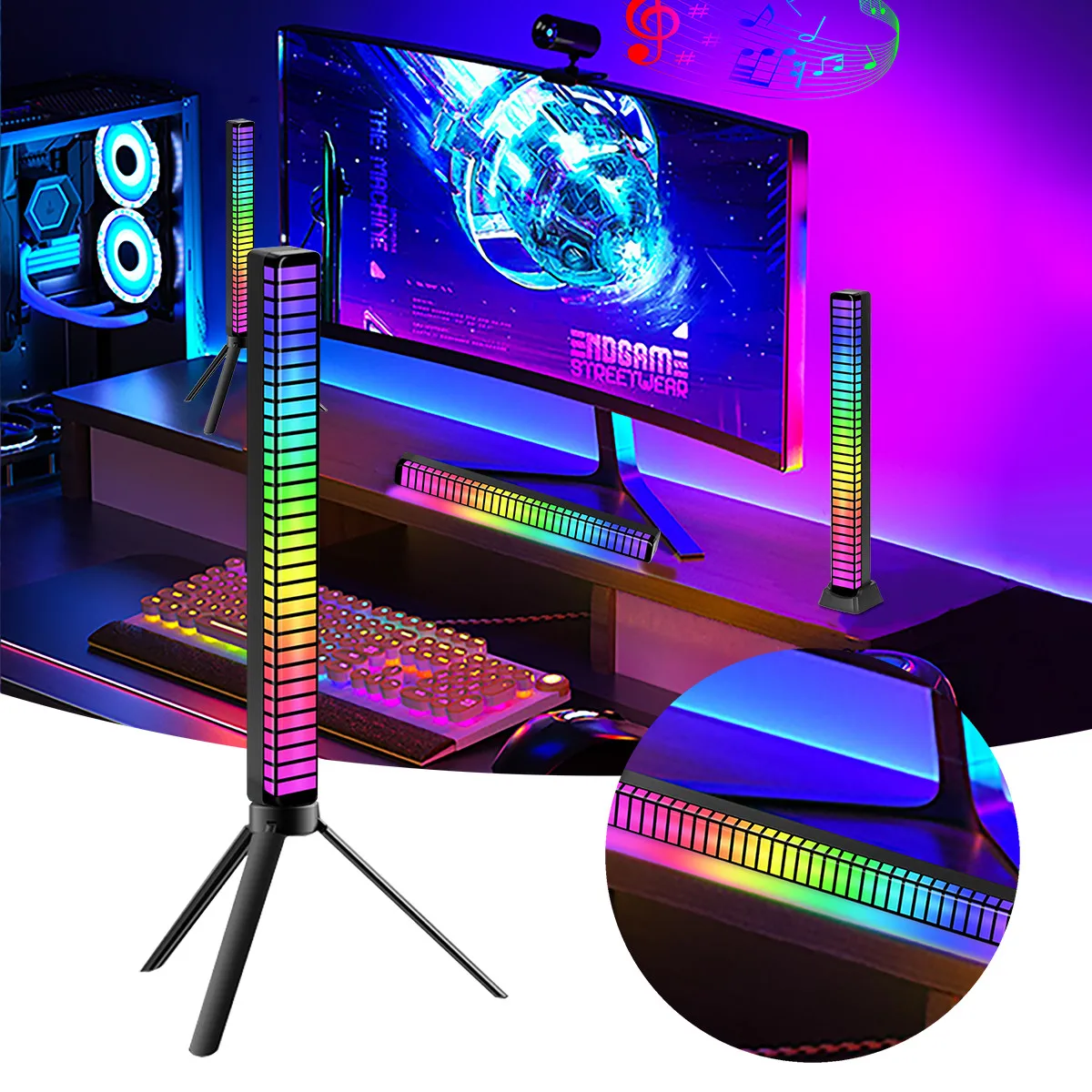 RGB Voice Control LED Music Rhythm Lights with 3D Screen Ambient Light Bar 5V Rechargeable Computer Desktop Voice Sensing Light