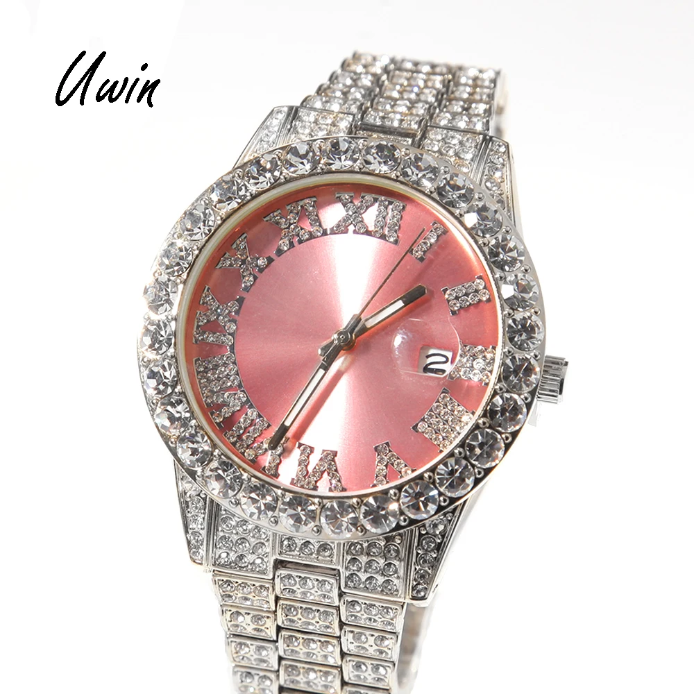 2022  Iced Out Baby Pink Women Watches Bling Watch with Purple Dial Bling Bling Hip Hop Watches