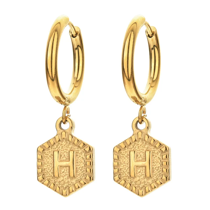 Hongtong A1-135 Stainless Steel Hexagon Minimalist 26 Letter High Quality Women Fashion Jewelry Pendant Earrings