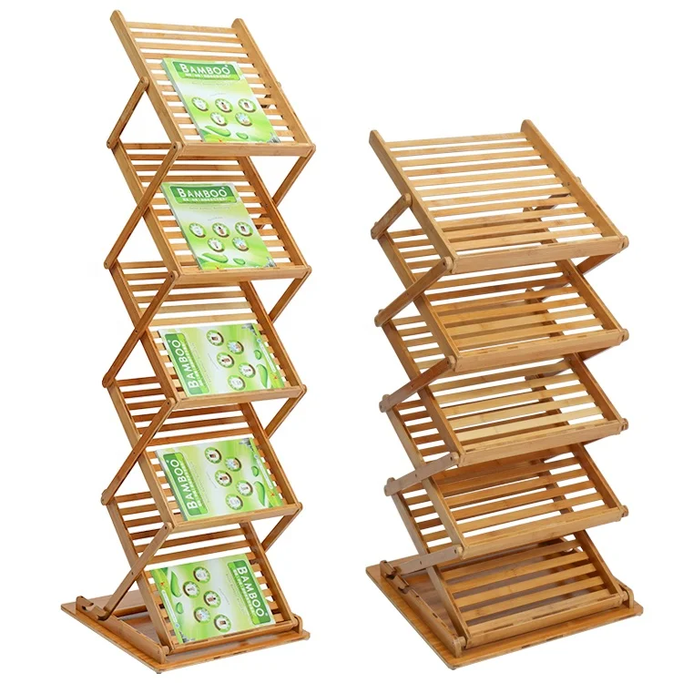 A3 Portable Advertising Bamboo Brochure Holder Stand Folding Wooden Zigzag Magazine Rack