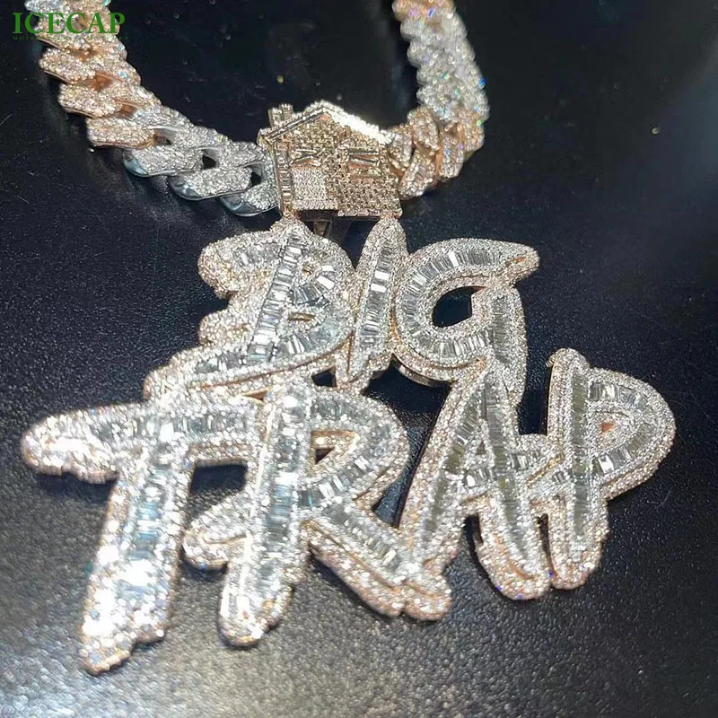 Iced Out Name  Letter Custom Pendant 925 Silver Baguette VVS Moissanite Diamond Pendant Hip Hop Fine Jewelry Pendant