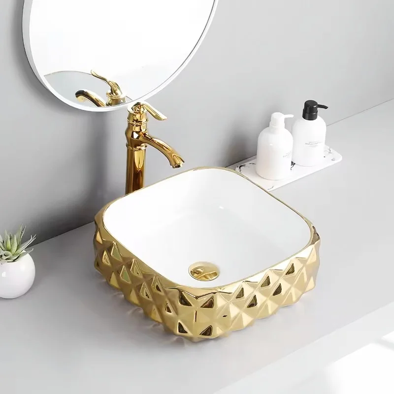China Designer Luxury Colorful Sanitary Wares Electroplated Counter Bowl Wash Basin Bathroom Sink Art  Basin