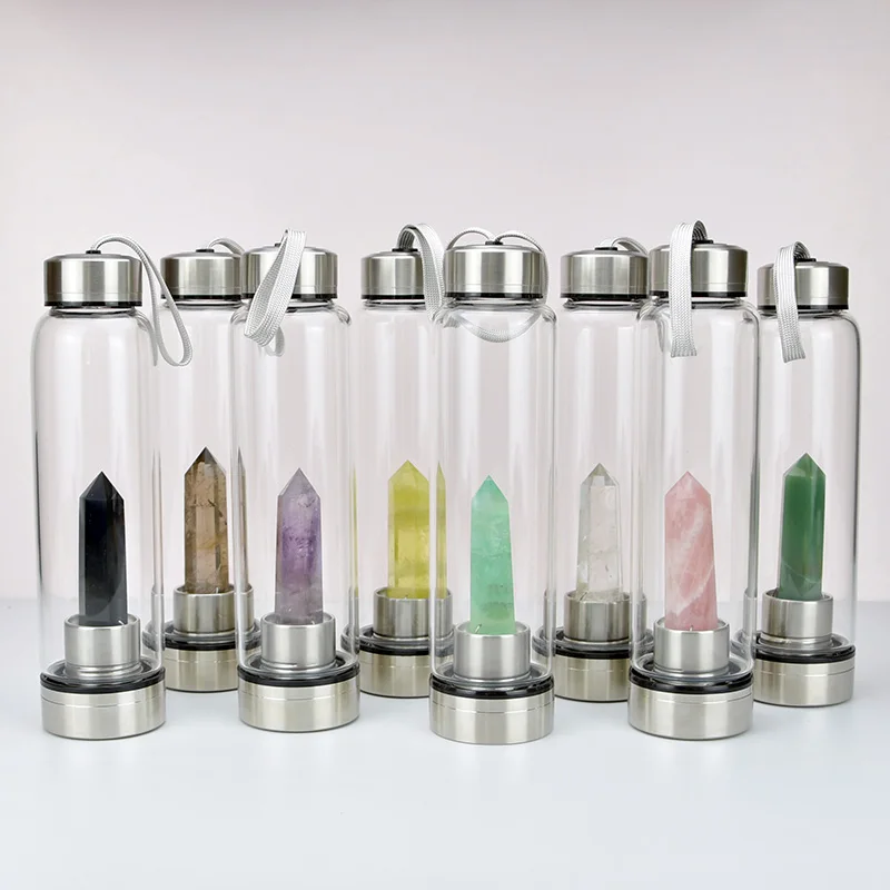 400ml 500ml Whosale Natural Rose Gravel Stone Rose Quartz Infused Gemstone Crystal Points Holy Borosilicate Glass Water Bottle