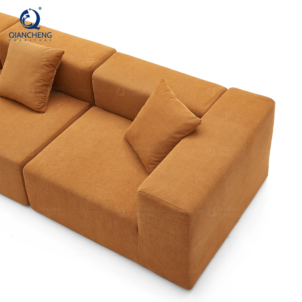 Modern Livingroom Vacuum Compressed Couch Foshan Factory Wholesale Tofu Block Orange Velvet Fabric Sofa Set Furniture