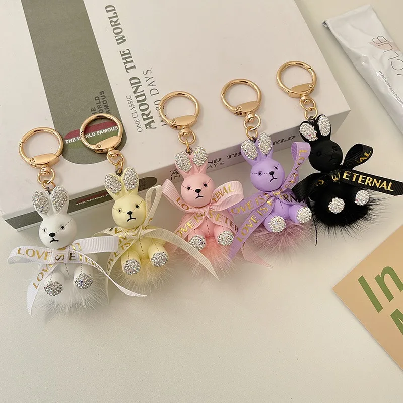 Fashion Bowknot Mink Rabbit Cute 3d Keychains for Bag High Quality Plush Ball Pendant Buying in Bulk Wholesale