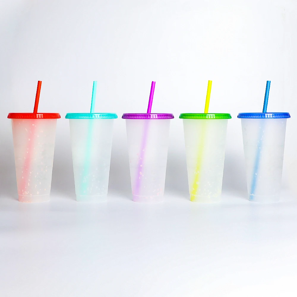 Coffee bubble tea color changing water smoothie drinking plastic reusable cold cups with lids and straws
