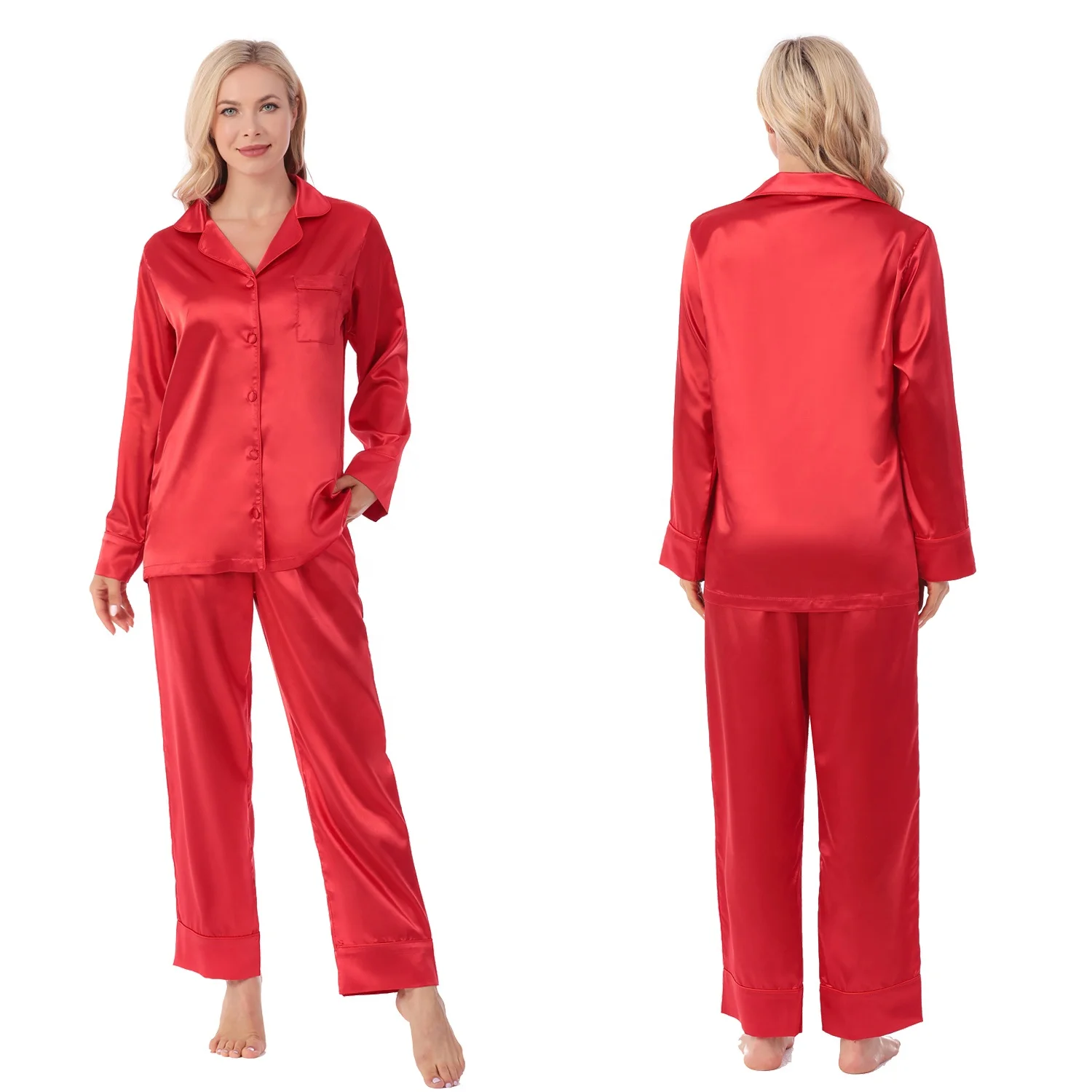 New Style Women Silk Satin Long Sleeve Pajamas Set with Same Color Piping and Buttons