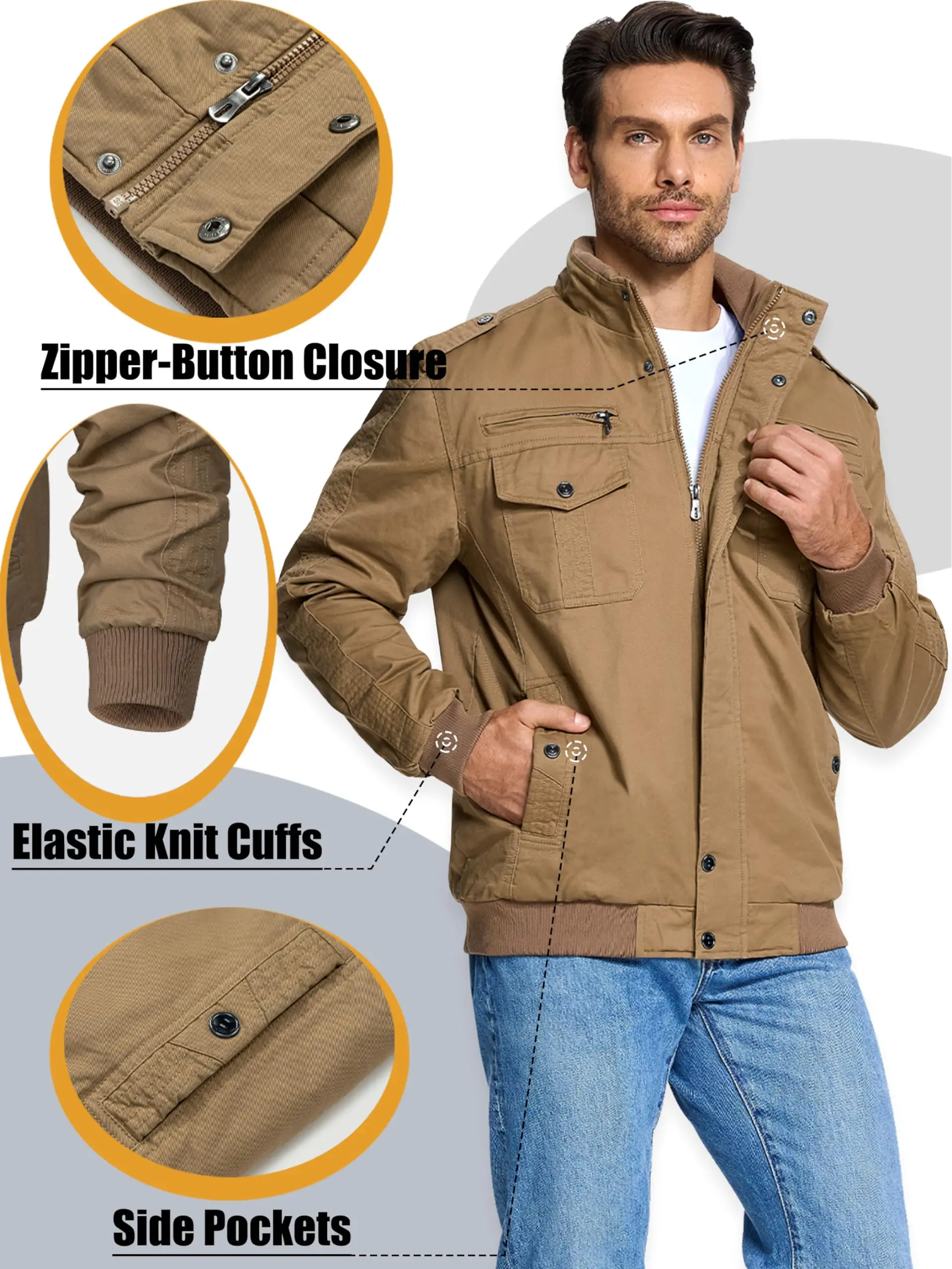 Fleece Parkas Jacket For Men Windproof Cargo Clothing With Multi-Pockets Wind Breaker Jacket Coats Outdoor Casual Workwear