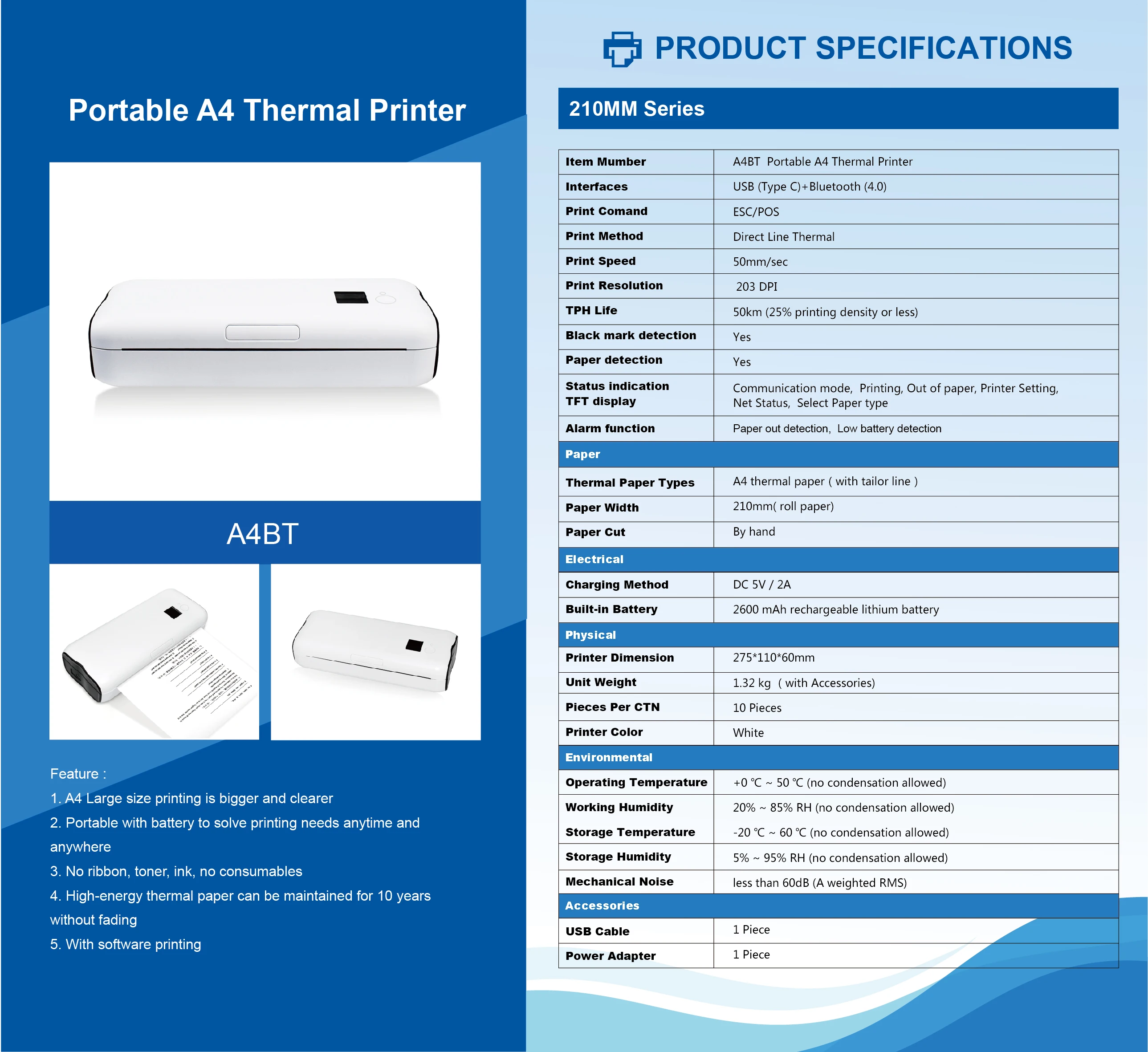 Mini Mobile Office Printer Document Bluetooth & USB No ink No Printing Ribbon A4 Portable Thermal Printer