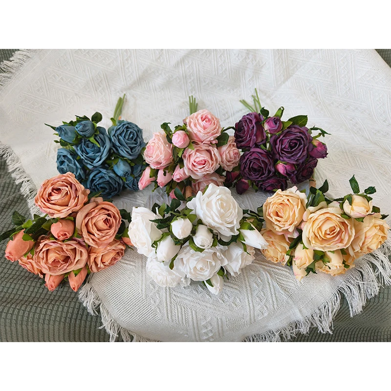 YIWAN Wholesale 5 hand tied bumt edge roses Artificial silk Flower Cabbage Roses Wedding Decorative Big bunch of Flower