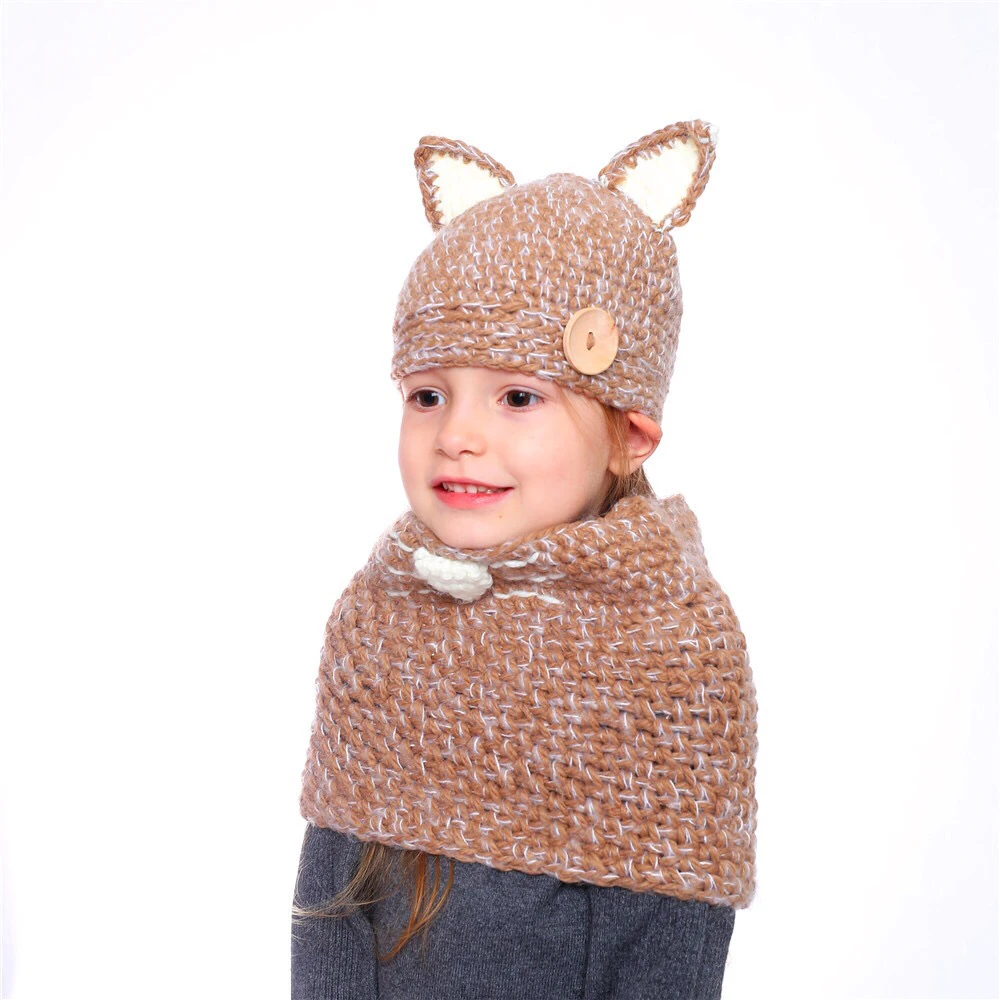 
Kids Knit Cap Crochet Animal Rabbit ear Hat Scarf Warm Winter Hat Handmade Coif Hooded Beanie Hat for Boy Girls 