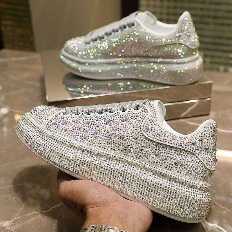 New designer rhinestone platform sneakers women sports white shoes rhinestone sneakers