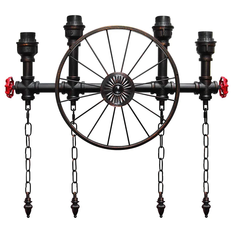 Vintage Industrial Water Pipe Wall Light Steampunk Nautical Wheel Metal Rustic Copper 4 Lamp Up Lantern