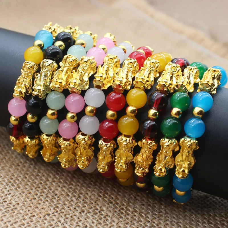 Buddhism Feng Shui Stone Bracelet Men Women Natural Stone Agates Beads Lucky Bracelets Gold Color Pixiu Wealth Charm Bracelet