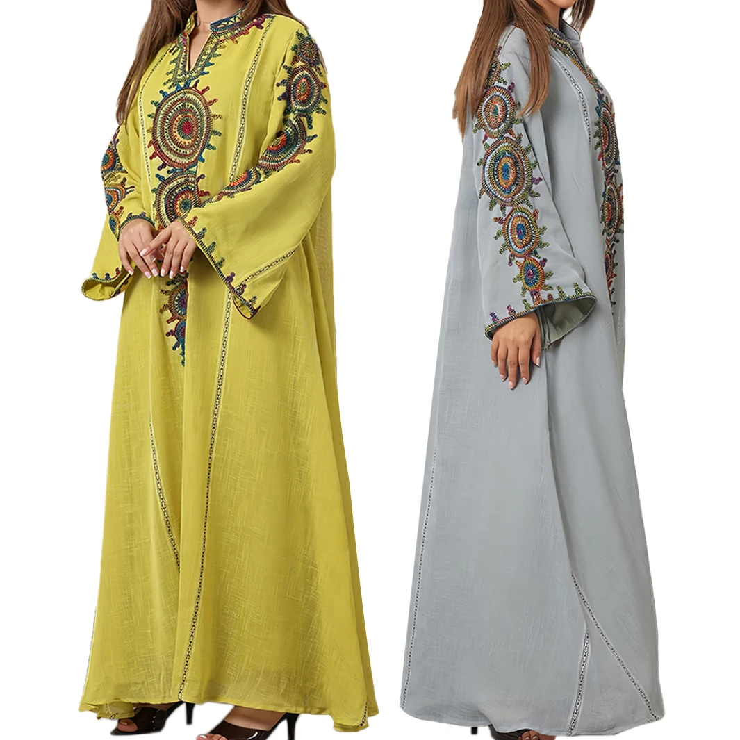 2024 New Modest Abaya for Women Stand Collar Embroidered Diamond Closed Breathable Casual Muslim Dresses For Women