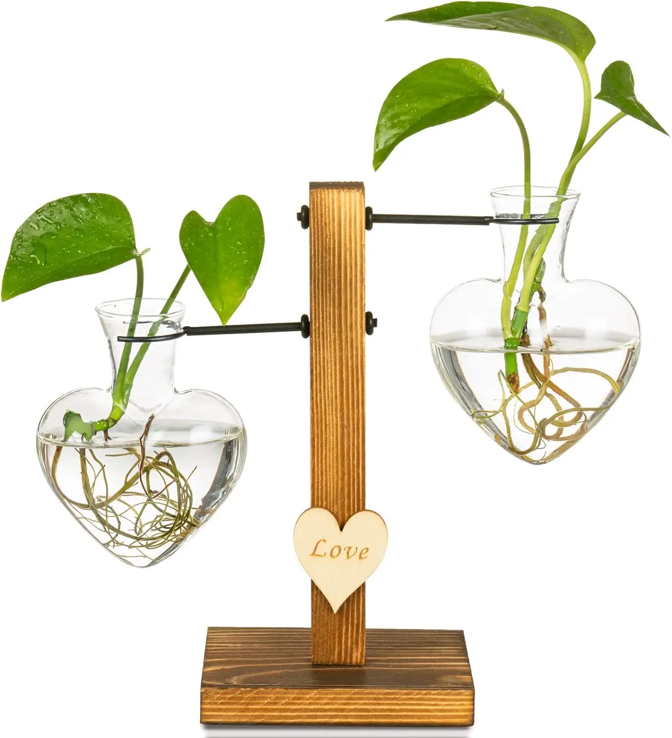 Heart Shaped Glass Vase with Wooden Stand Elegant Flower Holder with Love Plaque for Home Decor