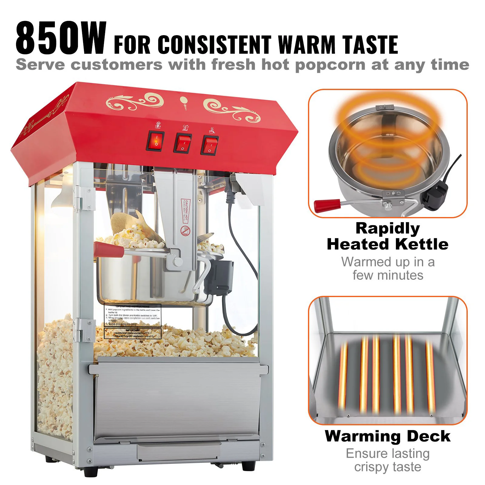 VEVOR Popcorn Popper Machine 8 Oz Countertop Popcorn Maker 850W 48 Cups Red