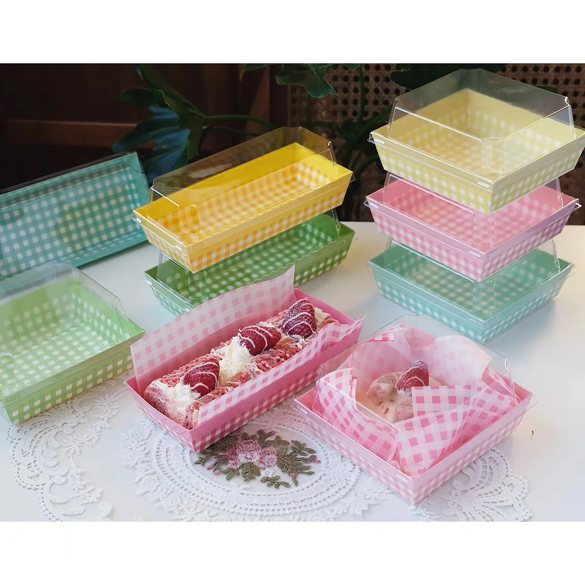 Disposable Plaid Pastry Box Snack Packaging Food Box for Cake Cookie Bread Rectangle Square Baking Box