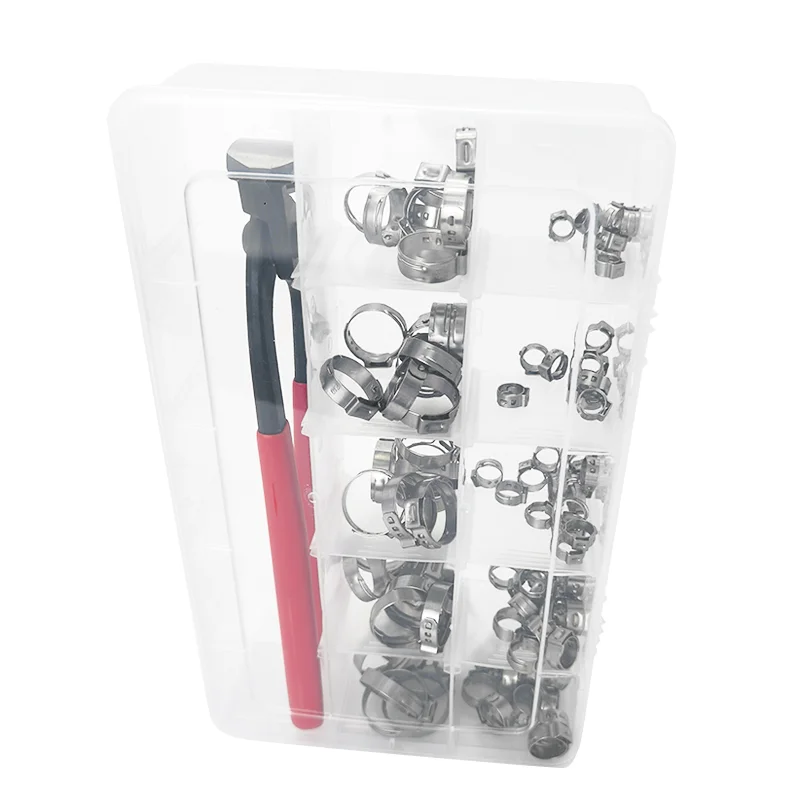 Hot Selling SS304 Pipe Fittings 1-ear Stepless Clips with Plier Set Stainless Steel Pipes Single Ear Thin Hose Clamp