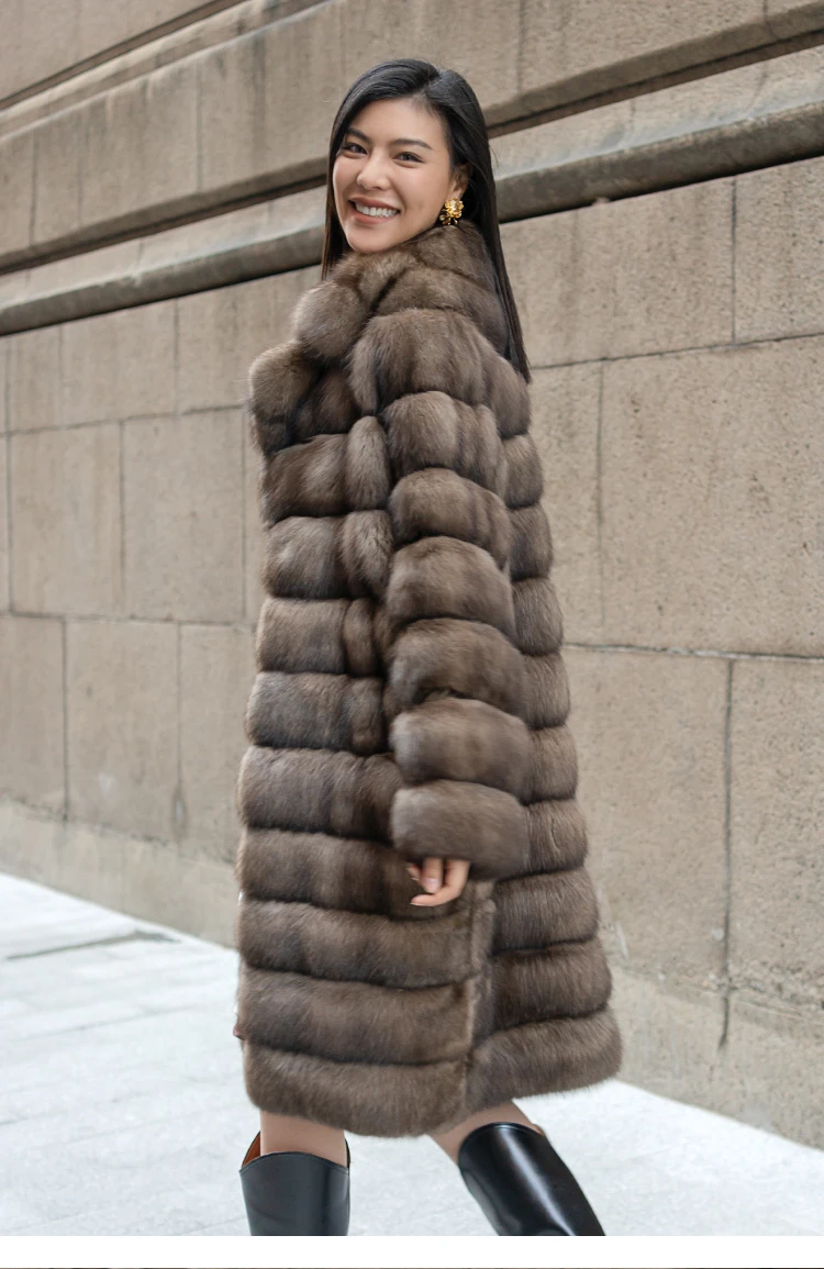 Sable Russia Winter Warm Mid Length Style Large Lapel Real Mink Fur Coat Pocket Oversize Trench Coats Real Sable Fur Coat