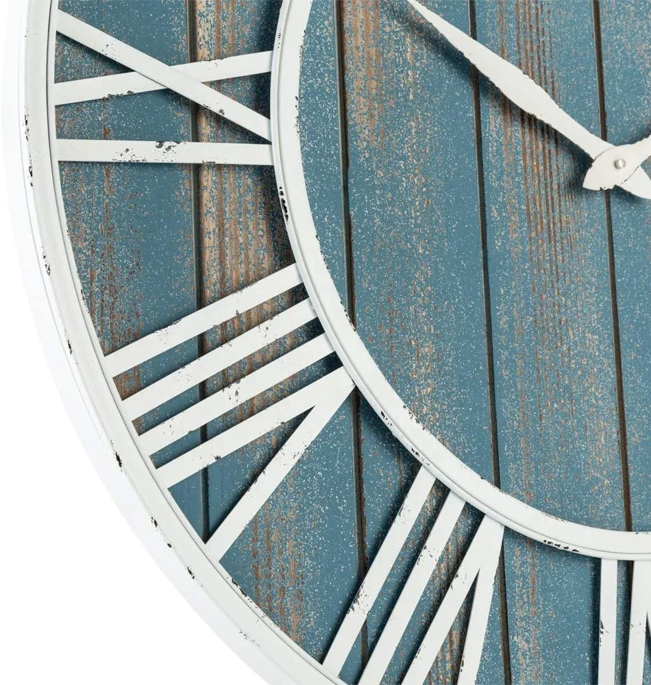 
24inch 60cm Metal & Solid Wood Whisper Quiet Noiseless Weathered Beach coastal Blue wooden Wall Clock 